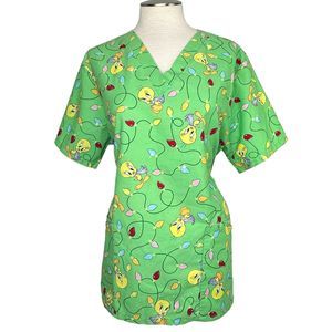 Tweety Scrub Women 2XL Scrub Shirt Christmas Holiday  Christmas Lights